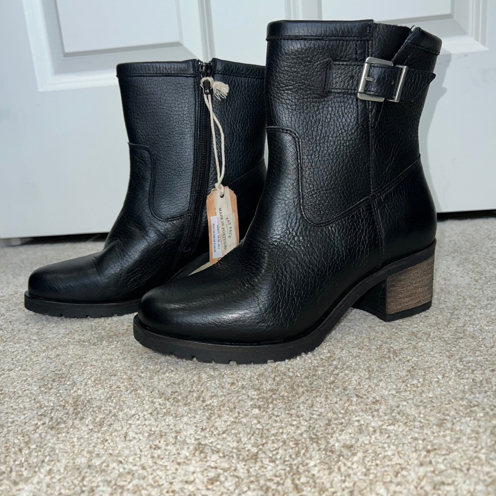 NWT Fat Face Hollie Mid Height Heel Black Leather Boots Size 7 Made in Portugal‎